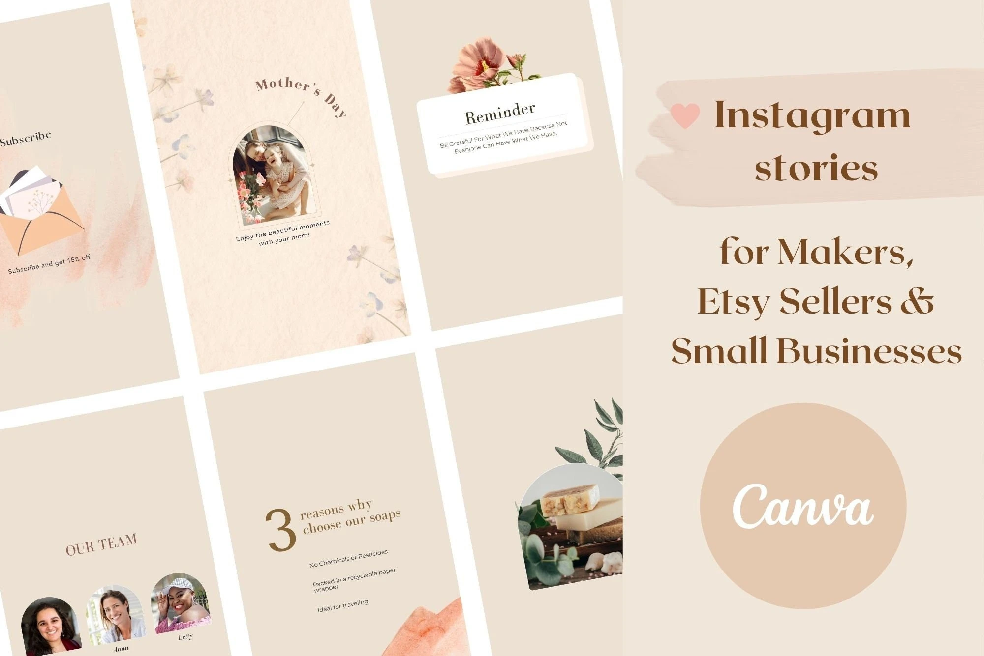 Canva Instagram Story Templates | Neutral Nude Templates for Instagram | Canva Templates | Pastel Beige Instagram | Squarespace Designs