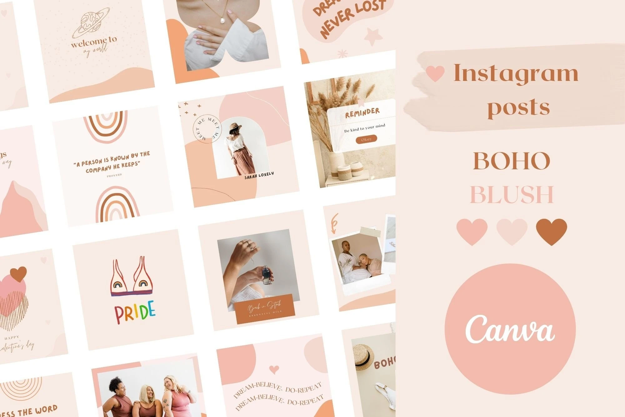 Instagram Post Templates Canva | Boho Blush Quote Templates for Instagram | Canva Templates | Blush Boho Instagram | Squarespace Designs