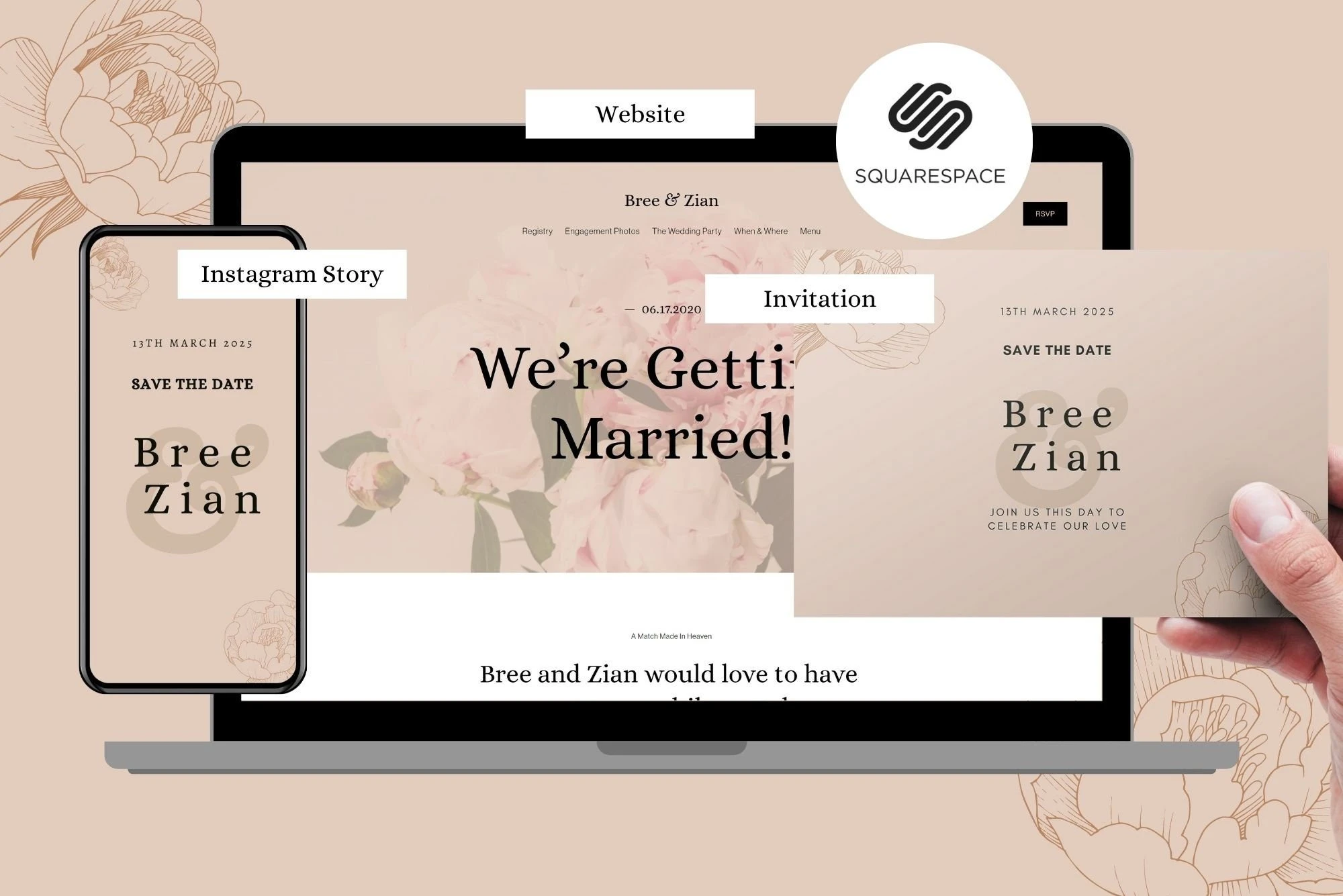 Squarespace 7.1 Wedding Website Template + Canva Invitation  + Instagram Story | Squarespace 7.1 Personal Wedding Website